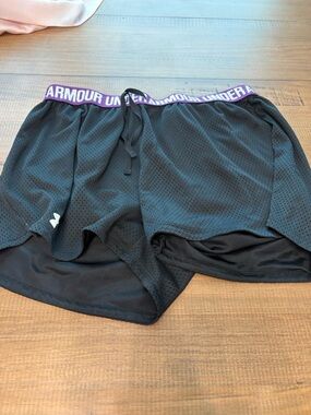Under Armour Black Mesh Running Shorts with Purple Waistband